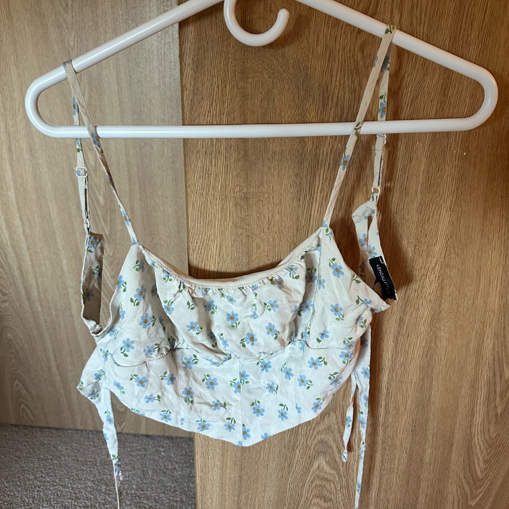 Kendall & Kylie Floral Tank Top - Cream and Blue